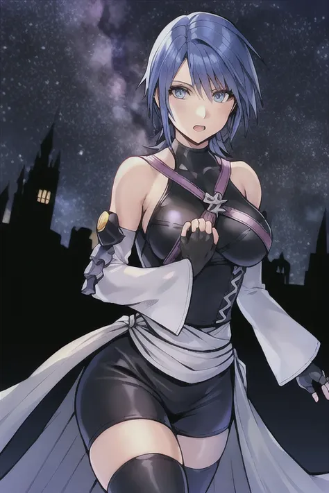 aqua \(kingdom hearts\), 1girl, absurdres, nomura tetsuya, close up, masterpiece, blue eyes, blue hair, breasts, chest strap, elbow gloves, gloves, highres, (skirt), (kingdom hearts), looking at viewer, gaping mouth, solo, night, starry sky, wide sleeves, medium breasts, detatched sleeves, black shorts , fingerless gloves, dark background, (thighhighs),darkness <lora:aquaKingdomHearts_1:0.60> <lora:tetsuyaNomuraKingdomHearts_1:0.40>