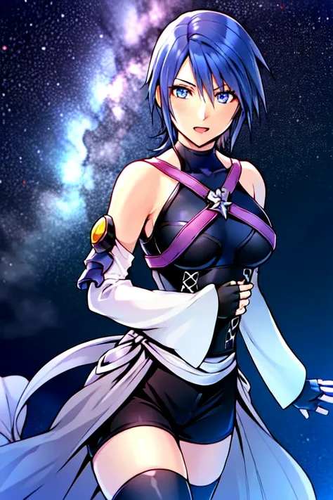 aqua \(kingdom hearts\), 1girl, absurdres, nomura tetsuya, close up, masterpiece, blue eyes, blue hair, breasts, chest strap, elbow gloves, gloves, highres, (skirt), (kingdom hearts), looking at viewer, gaping mouth, solo, night, starry sky, wide sleeves, medium breasts, detatched sleeves, black shorts , fingerless gloves, dark background, (thighhighs), darkness <lora:aqua:0.6> <lora:nomura_tetsuya:0.4>