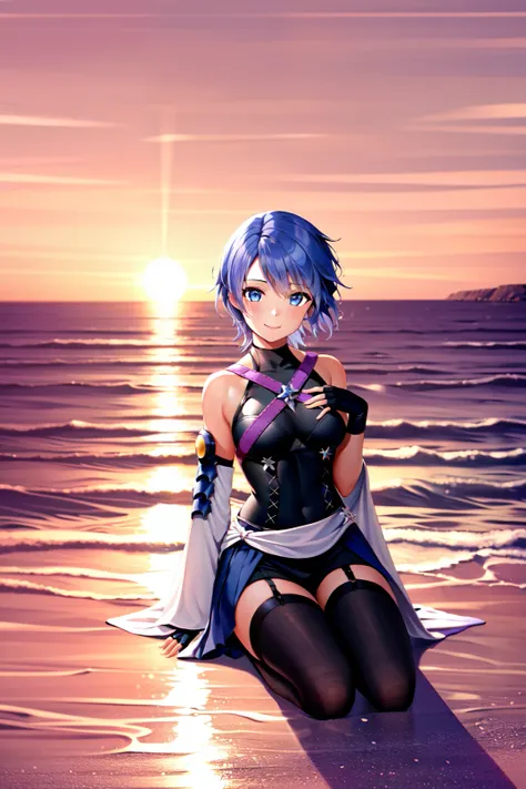 aqua \(kingdom hearts\), 1girl, absurdres, blue eyes, blue hair, breasts, chest strap, elbow gloves, gloves, highres, (skirt), (kingdom hearts), looking at viewer, ocean, smile, solo, starry sky, wide sleeves, medium breasts, detatched sleeves, black shorts , fingerless gloves, blurred background, (thighhighs), big shoes
<lora:aqua:0.65>