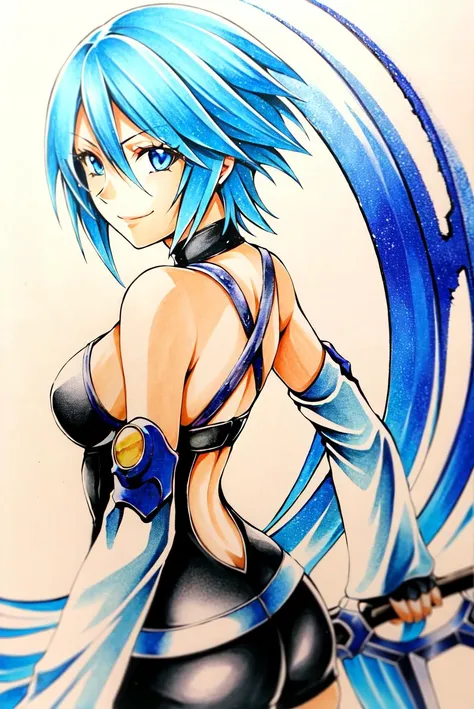 aqua \(kingdom hearts\), 1girl, back, backless outfit, bare shoulders, black gloves, black shorts, blue eyes, blue hair, breasts, detached sleeves, fingerless gloves, gloves, grey gloves, hair between eyes, highres, holding, holding weapon, keyblade, kingdom hearts, kingdom hearts birth by sleep, light particles, long sleeves, looking at viewer, marker (medium), medium breasts, short hair, shorts, shoulder blades, smile, solo, traditional media, turtleneck, weapon, wide sleeves,
<lora:aqua:0.60>