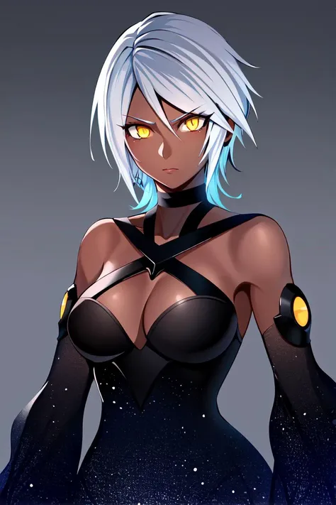 aqua \(kingdom hearts\), 1girl, absurdres, aura, bad id,  corruption, dark-skinned female, dark aura, dark skin, detached sleeves, glowing, glowing eyes, grey background, grey hair, yellow eyes, highres, kingdom hearts, kingdom hearts iii, looking to the side, serious, short hair, solo, upper body

<lora:aqua:0.60>