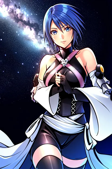 aqua \(kingdom hearts\), 1girl, absurdres, nomura tetsuya, close up, masterpiece, blue eyes, blue hair, breasts, chest strap, elbow gloves, gloves, highres, (skirt), (kingdom hearts), looking at viewer, gaping mouth, solo, night, starry sky, wide sleeves, medium breasts, detatched sleeves, black shorts , fingerless gloves, dark background, (thighhighs), darkness
<lora:aqua:0.60> <lora:nomura_tetsuya:0.4>