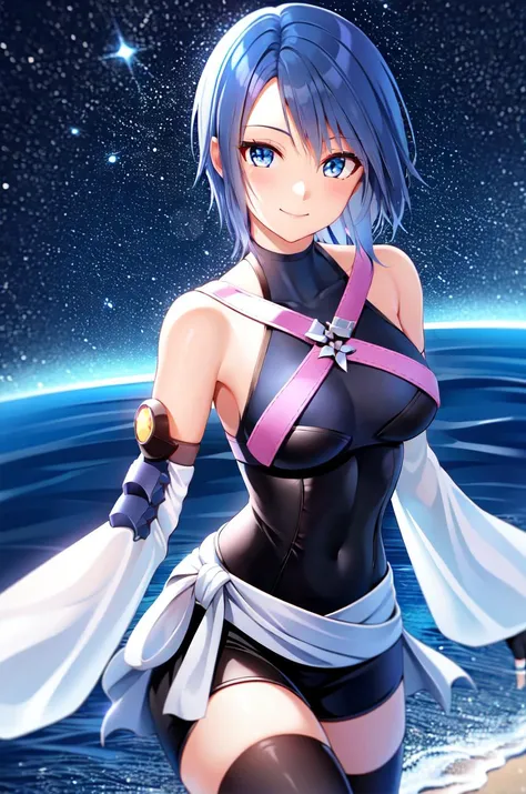 aqua \(kingdom hearts\), 1girl, absurdres, close up, masterpiece, blue eyes, blue hair, breasts, chest strap, elbow gloves, gloves, highres, (skirt), (kingdom hearts), looking at viewer, ocean, smile, solo, night, starry sky, wide sleeves, medium breasts, detatched sleeves, black shorts , fingerless gloves, dark background, (thighhighs), darkness
<lora:aqua:0.60>