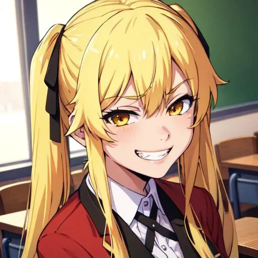 (masterpiece, best quality, ultra-detailed, highres),( spoken heart:1.2),
blonde hair, yellow eyes, (pigtails), black ribbon in hair, 1girl, solo, classroom,
(seductive grin smug:1.2),
<lora:MarySaotome-04:0.5>