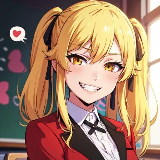 (masterpiece, best quality, ultra-detailed, highres), (heart background:1.2),  spoken heart, 
blonde hair, yellow eyes, (pigtails), black ribbon in hair, 1girl, solo, classroom,
(seductive grin smug:1.2),
<lora:MarySaotome-04:0.5>