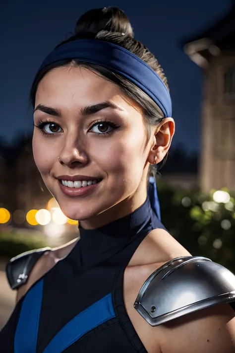kitanamk11, black hair bun, hair stick, brown eyes, headband, bodysuit, shoulder pads, silver trim, looking at viewer, smiling, close up portrait, outside, stone bridge, moon, night time, high quality, masterpiece,<lora:KitanaMK11:.7>