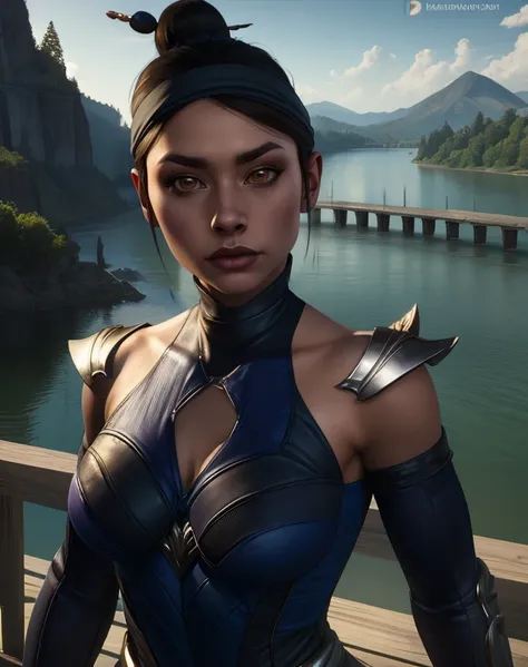 kitanamk11,hair bun,hair stick, brown eyes, 
headband,bodysuit,shoulder pads,silver trim,detached sleeves,
standing,upper body,
dawn,lake,bridge,
(insanely detailed, beautiful detailed face,beautiful detailed eyes, masterpiece, best quality),<lora:KitanaMK11:0.8>,