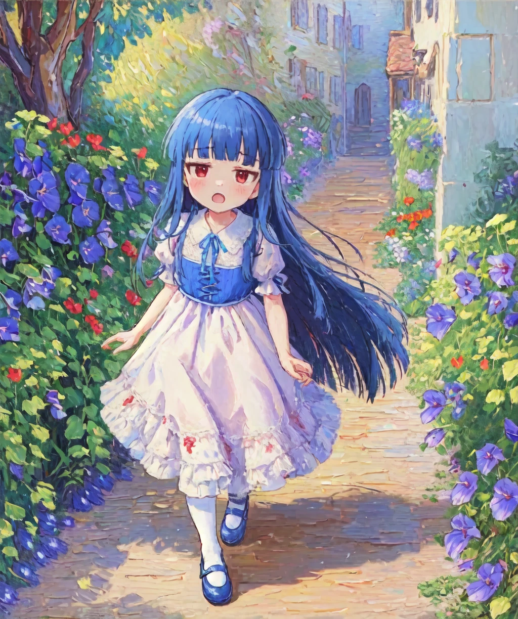 (oil painting:1.2) [sketch|traditional media] yukimi, , (curtsey:1.1), dress, white pantyhose, mary janes,
blue hair, blunt bangs, [red eyes:3], frills, jitome, open mouth, full body, solo, outdoors, 
BREAK
(masterpiece, best quality), (Daniel Ridgway Knight), (colorful, warm color, cinematic lighting),
garden path, archway, (iron gate), bricks, (morning glory), lily, impatiens,
<lora:sajo_yukimi-v1:0.7>
<lora:oil_painting_v1:0.8>
<lora:painting-000003:0.3>
<lora:fkey [768px]:0.15>
