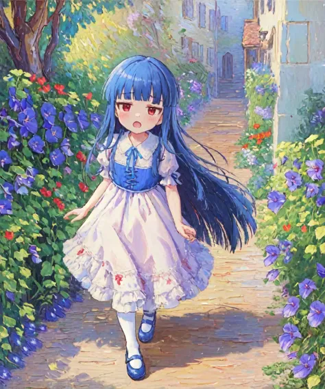 (oil painting:1.2) [sketch|traditional media] yukimi, child, (curtsey:1.1), dress, white pantyhose, mary janes,
blue hair, blunt bangs, [red eyes:3], frills, jitome, open mouth, full body, solo, outdoors, 
BREAK
(masterpiece, best quality), (Daniel Ridgway Knight), (colorful, warm color, cinematic lighting),
garden path, archway, (iron gate), bricks, (morning glory), lily, impatiens,
<lora:sajo_yukimi-v1:0.7>
<lora:oil_painting_v1:0.8>
<lora:painting-000003:0.3>
<lora:fkey [768px]:0.15>