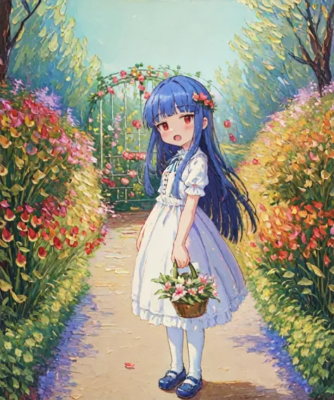 (oil painting:1.2) [sketch|traditional media] yukimi, , (curtsey:1.1), dress, white pantyhose, mary janes,
blue hair, blunt bangs, [red eyes:3], frills, jitome, open mouth, full body, solo, outdoors,
BREAK
(masterpiece, best quality), (Daniel Ridgway Knight:1.2), (colorful, warm color, cinematic lighting),
garden path, (archway:1.2), (iron gate), (bricks:1.1), morning glory, (lily:1.1), (impatiens:1.1), (Lilia Alvarado:1.1)
<lora:sajo_yukimi-v1:0.65>
<lora:oil_painting_v1:0.85>
<lora:painting-000003:0.2>
<lora:fkey [768px]:0.15>