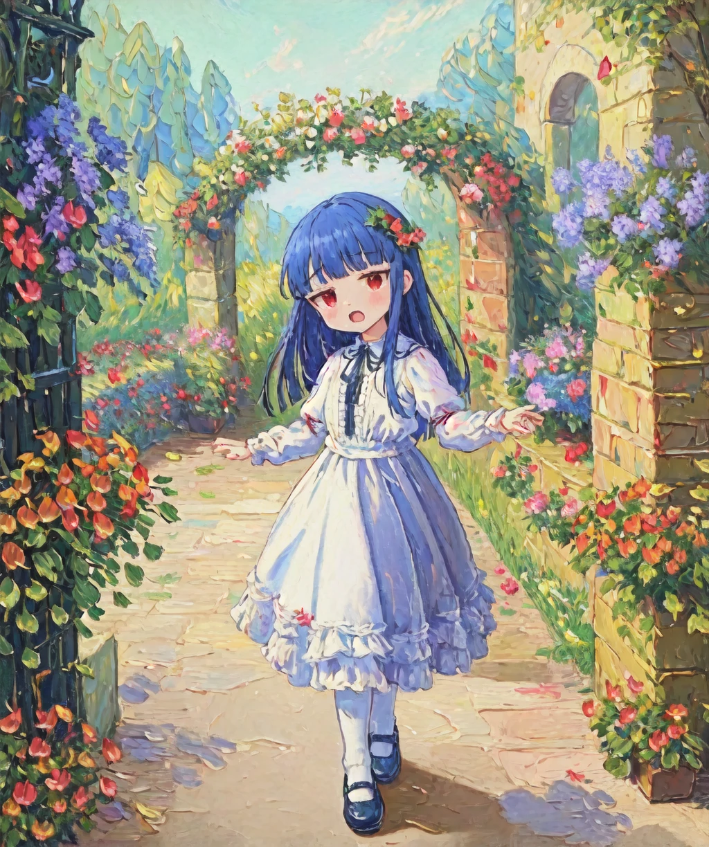 (oil painting:1.2) [sketch|traditional media] yukimi, , (curtsey:1.1), dress, white pantyhose, mary janes,
blue hair, blunt bangs, [red eyes:3], frills, jitome, open mouth, full body, solo, outdoors,
BREAK
(masterpiece, best quality), (Daniel Ridgway Knight:1.2), (colorful, warm color, cinematic lighting),
garden path, (archway:1.2), (iron gate), (bricks:1.1), morning glory, (lily:1.1), (impatiens:1.1), (Lilia Alvarado:1.1)
<lora:sajo_yukimi-v1:0.65>
<lora:oil_painting_v1:0.85>
<lora:painting-000003:0.2>
<lora:fkey [768px]:0.15>