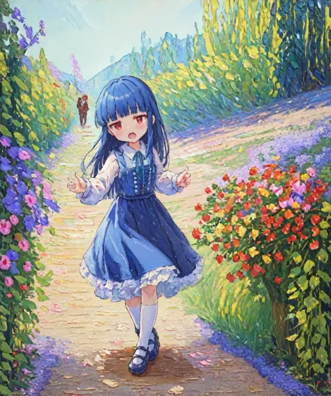 (oil painting:1.2) [sketch|traditional media] yukimi, , (curtsey:1.1), dress, white pantyhose, mary janes,
blue hair, blunt bangs, [red eyes:3], frills, jitome, open mouth, full body, solo, outdoors,
BREAK
(masterpiece, best quality), (Daniel Ridgway Knight), (colorful, warm color, cinematic lighting),
garden path, (archway:1.2), (iron gate), bricks, morning glory, lily, (impatiens:1.1),
<lora:sajo_yukimi-v1:0.7>
<lora:oil_painting_v1:0.8>
<lora:painting-000003:0.3>
<lora:fkey [768px]:0.15>