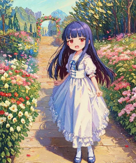 (oil painting) [sketch|traditional media] yukimi, child,  curtsey, dress, white pantyhose, mary janes,
full body, solo, outdoors, garden path, archway, iron gate, bricks, morning glory, lily, impatiens,
blunt bangs, [red eyes:3],  frills, jitome, open mouth,
BREAK
(masterpiece, best quality), Daniel Ridgway Knight, (colorful, warm color, cinematic lighting),
<lora:sajo_yukimi-v1:0.7>
<lora:oil_painting_v1:0.8>
<lora:painting-000003:0.4>
<lora:fkey [768px]:0.15>