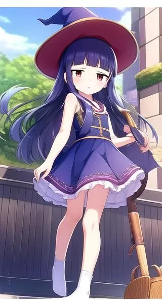 solo,full body ,yukimi, 10 yo., long hair, blunt bangs, flat chest, expressionless, <lora:sajo_yukimi-v1:0.95><lora:flat2:-0.2>, bare arms,miniskirt,short sock,sleeveless,, witch hat