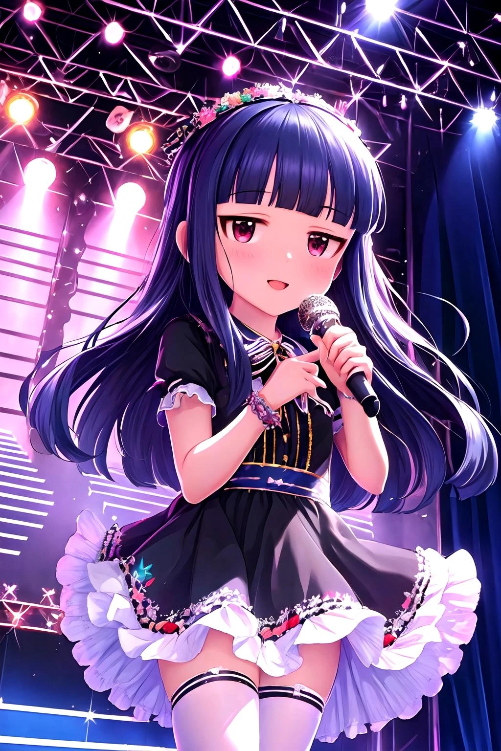 16k, highres, masterpiece, best quality,
cinematic photo,
a pinup of short girl, singing joyfully, smile, :o, idol stage, microphone, colorful spotlight, luxury stage setting, detailed background, looking at viewer,
yukimi, 10 yo., long hair, blunt bangs, flat chest, expressionless, shy,
gothic fashion, glossy dress, frills, detailed embroidery, black pantyhose, bow, bracelet, jewelry,
<lora:sajo_yukimi-v1:0.95><lora:flat2:-0.2>,
,
35mm photograph, film, bokeh, professional, 4k, highly detailed,