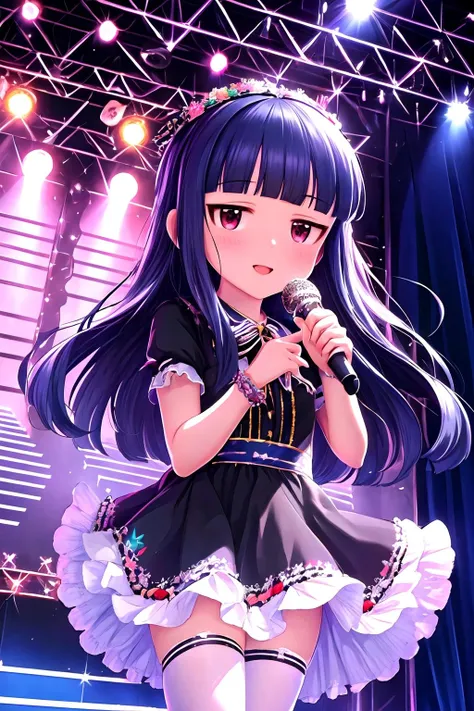 16k, highres, masterpiece, best quality, 
cinematic photo, 
a pinup of short girl, singing joyfully, smile, :o,  idol stage, microphone, colorful spotlight, luxury stage setting, detailed background, looking at viewer,
yukimi, 10 yo., long hair, blunt bangs, flat chest, expressionless, shy,
gothic fashion, glossy dress, frills,  detailed embroidery,  black pantyhose, bow, bracelet, jewelry,
<lora:sajo_yukimi-v1:0.95><lora:flat2:-0.2>,
,
35mm photograph, film, bokeh, professional, 4k, highly detailed,