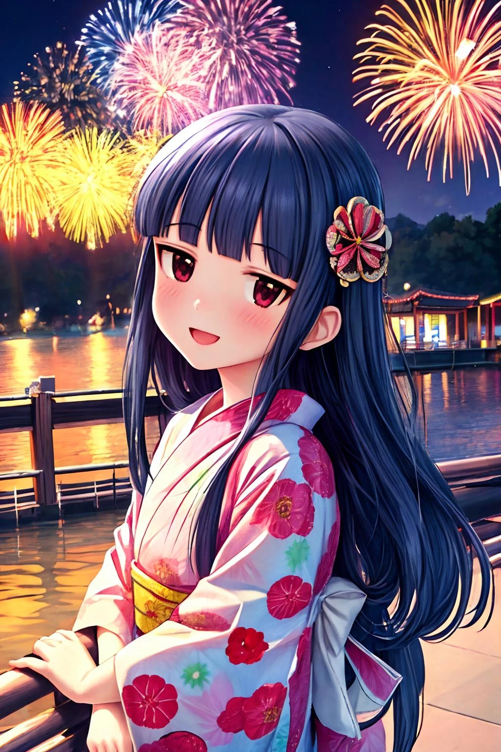 16k, highres, masterpiece, best quality,
cinematic photo,
1girl, a portrait of short girl, cowboy shot, park on hill, night, landscape, lake, beautiful multi colored fireworks, detailed hanabi,
yukimi, ., long hair, blunt bangs, expressionless, shy, flat chest,
smile, :d,
japanese clothes, yukata, floral print, hair ornament, kanzashi,
<lora:sajo_yukimi-v1:0.9><lora:flat2:-0.5>
,
35mm photograph, film, bokeh, professional, 4k, highly detailed,