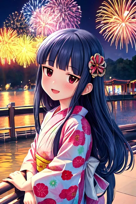 16k, highres, masterpiece, best quality, 
cinematic photo, 
1girl, a portrait of short girl, cowboy shot,  park on hill, night, landscape, lake, beautiful multi colored fireworks, detailed hanabi, 
yukimi, ****., long hair, blunt bangs,  expressionless, shy, flat chest, 
smile, :d,
japanese clothes, yukata, floral print, hair ornament, kanzashi,
<lora:sajo_yukimi-v1:0.9><lora:flat2:-0.5> 
,
35mm photograph, film, bokeh, professional, 4k, highly detailed,