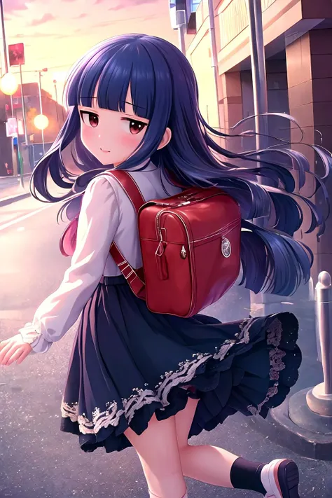 16k, highres, masterpiece, best quality, 
cinematic film still, 
a pinup of short girl, on street, sunset, detailed background,  from back, looking back, smile, looking at viewer, 
yukimi, 10 yo., long hair, blunt bangs, flat chest, expressionless, shy,
sundress, miniskirt, socks, shoes,  detailed school bag, randoseru,
<lora:sajo_yukimi-v1:1>
, 
shallow depth of field, vignette, highly detailed, high budget, bokeh, cinemascope, moody, epic, gorgeous,
film grain, grainy,