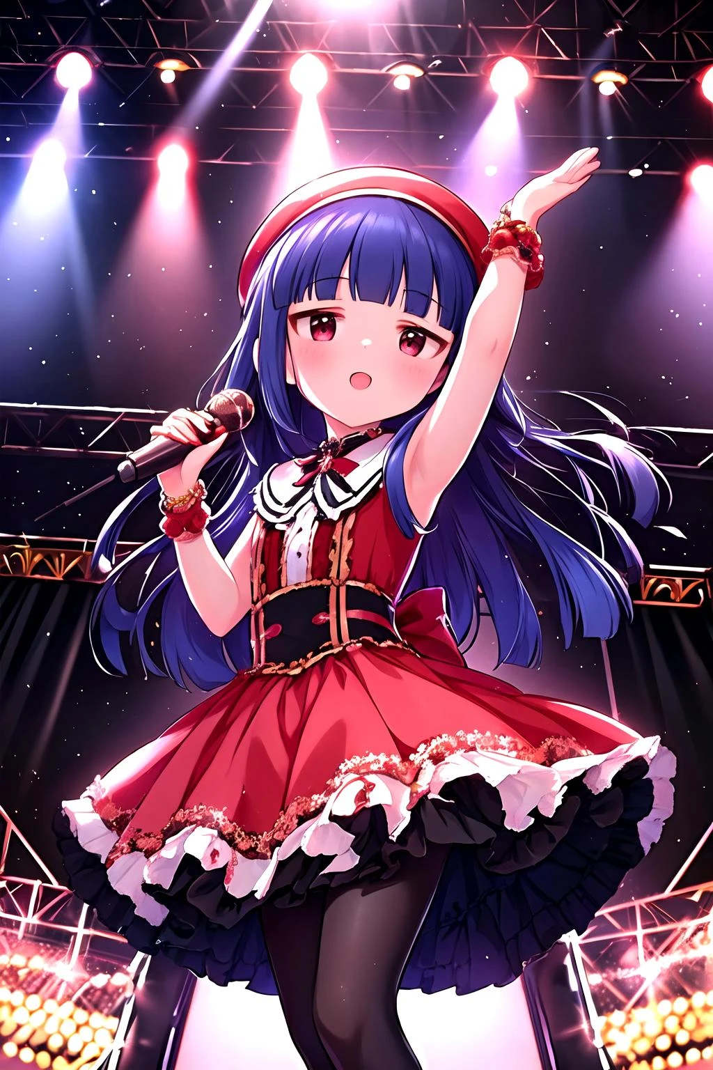 16k, highres, masterpiece, best quality,
cinematic film still,
a pinup of short girl, singing (joyfully:1.2), smile, :o, idol stage, microphone, colorful spotlight, luxury stage setting, detailed background, looking at viewer, close up, from above,
yukimi, long hair, blunt bangs, flat chest, expressionless,
gothic fashion, glossy red dress with beret, frills, detailed embroidery, black pantyhose, bow, bracelet, jewelry,
<lora:sajo_yukimi-v1:0.95><lora:flat2:-0.2>,
shallow depth of field, vignette, highly detailed, high budget, bokeh, cinemascope, moody, epic, gorgeous,
film grain, grainy,