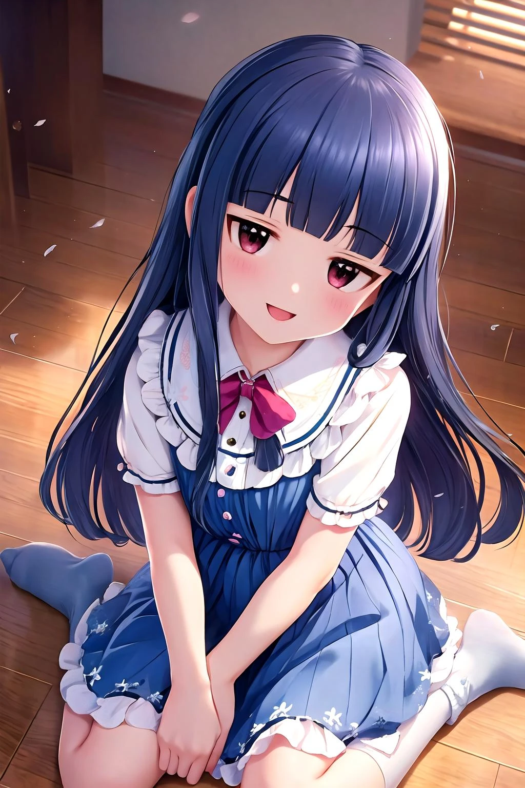 16k, highres, masterpiece, best quality,
cinematic film still,
a pinup of short girl, taking paw pose joyfully, sitting, wariza, smile, :d, detailed background, looking at viewer, close up, from above,
yukimi, long hair, blunt bangs, flat chest, (expressionless:1.1),
blue silk sundress, frills, detailed embroidery, socks, shoes, bow,
<lora:sajo_yukimi-v1:0.95>,
shallow depth of field, vignette, highly detailed, high budget, bokeh, cinemascope, moody, epic, gorgeous,
film grain, grainy,