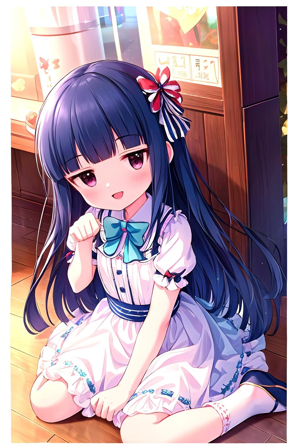 16k, highres, masterpiece, best quality,
cinematic film still,
a pinup of short girl, taking paw pose joyfully, sitting, wariza, smile, :d, detailed background, looking at viewer, close up, from above,
yukimi, long hair, blunt bangs, flat chest, expressionless,
white silk sundress, frills, detailed embroidery, socks, shoes, bow,
<lora:sajo_yukimi-v1:0.95><lora:flat2:-0.2>,
shallow depth of field, vignette, highly detailed, high budget, bokeh, cinemascope, moody, epic, gorgeous,
film grain, grainy,