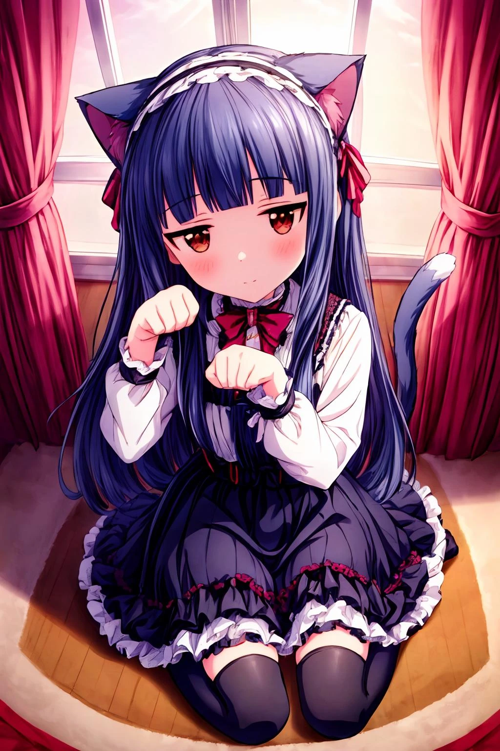 16k, highres, masterpiece, best quality,
cinematic photo,
a cute girl, sitting on back , (wariza, paw pose:1.2), red carpet, sunlight from window, pink lace curtains, indoors,
fisheye, full body, looking up, looking at viewer, (from above:1.2),
BREAK
yukimi, 10 yo., long hair, blunt bangs, expressionless, shy, (joyful:1.2),
luxury gothic girly dress, detailed embroidery, black dress, frill, bow, thighhighs, zettai ryouiki, hairband fake cat ears, tail,
<lora:sajo_yukimi-v1:0.9><lora:flat2:-1> ,
35mm photograph, film, bokeh, professional, 4k, highly detailed,