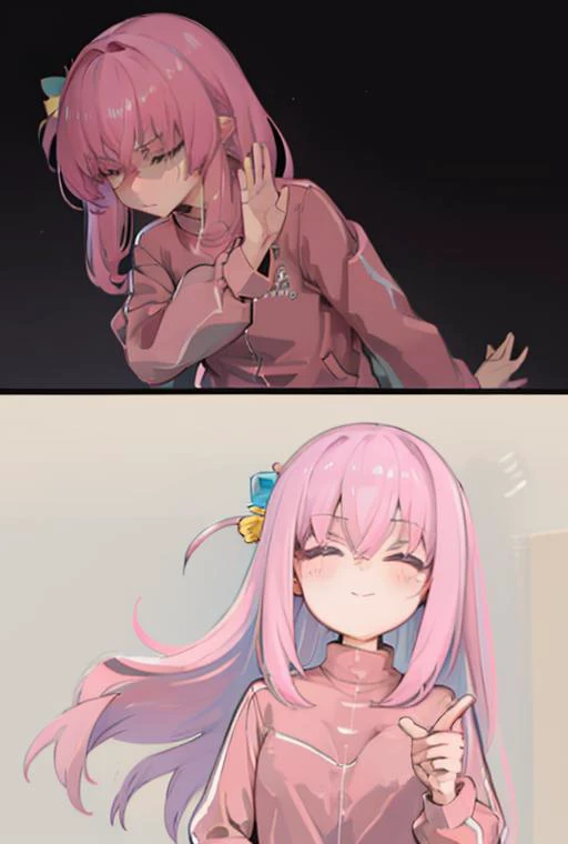 drakeposting, 1girl, solo, long hair, bangs, simple background, hair ornament, long sleeves, hair between eyes, closed mouth, jacket, upper body, pink hair, comic, one side up, parody, meme, track jacket, pink jacket, cube hair ornament <lora:hitorigotoutest:0.9> <lyco:drakeposting:0.9> <lora:GoodHands-vanilla:1>