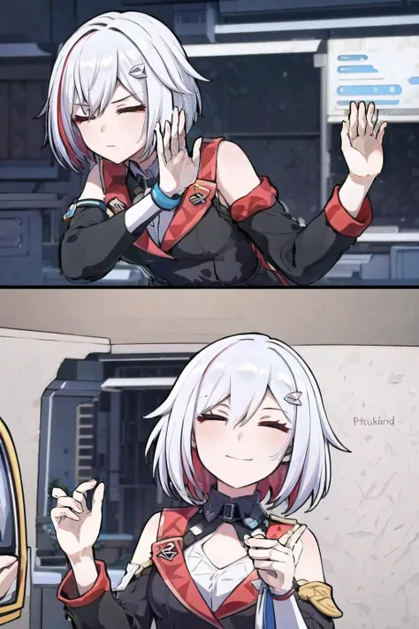 (high quality, high resolution:1.3), 4k, masterpiece,
BREAK
1girl, <lora:drakeposting:1>, drakeposting, parody, meme, comic, simple background, upper body, short hair, colored inner hair, white hair, red hair, closed eyes, multicolored hair, <lora:Topaz-000029:0.7> , topaz, <lora:NoiseOffset_v2:1.0><lora:NoiseOffset_v2:1.0>