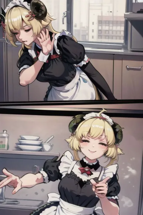 masterpiece, best quality, absurdres, TsunomakiWatame, long hair, ahoge, maid, maid headdress, maid apron, kitchen, drakeposting, <lora:WatameV5:1.0>