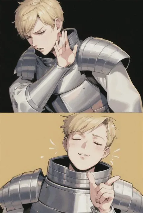 <lyco:drakeposting-08:0.7> drakeposting, short hair, blonde hair, simple background, long sleeves, 1boy, closed mouth, upper body, male focus, parted lips, hand up, armor, multiple views, pointing, shoulder armor, yellow background, facing viewer, pauldrons, breastplate, cropped torso, vambraces