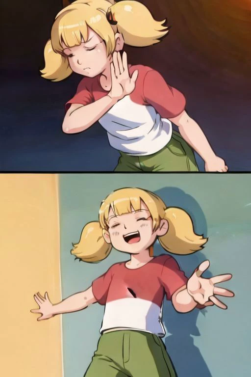 anime screencap, masterpiece, nice hands, best quality, 1girl, penny, blonde hair, twintails, blunt bangs, flat chest, <lora:Penny:1>, green pants, reinforced knee, red shirt, stripped shirt, shirt with single white stripe, brown shoes, upper body, drakeposting, comic, parody, meme, simple background