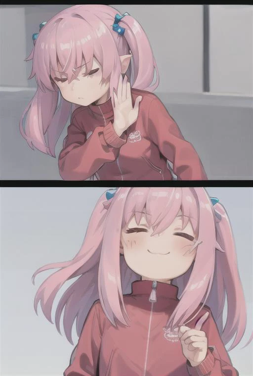 <lyco:drakeposting-08:0.7> drakeposting, 1girl, solo, long hair, bangs, simple background, hair ornament, long sleeves, hair between eyes, closed mouth, jacket, upper body, pink hair, comic, one side up, parody, meme, track jacket, pink jacket, cube hair ornament
