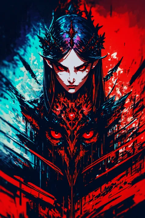 Ambilight, masterpiece, ultra-high quality,( ultra detailed original illustration), Perfil Portrait of a beautiful Girl, Upper body, Crown of Bones, ((Evil Fashion)), (Red Eyes:1.5, Double exposure, fussion of fluid abstract art, Glitch, 2D),(Gothic Oiginal illustration composition),( fusion of limited color, Fractal Geometric, butterflies, Comic art) <lora:Minijisn-03:1> <lora:Moommst-01:1>