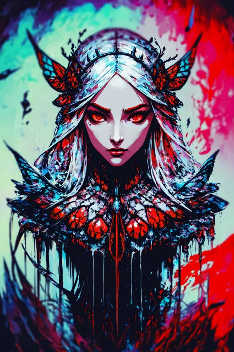 Ambilight, masterpiece, ultra-high quality,( ultra detailed original illustration), Perfil Portrait of a beautiful Girl, Upper body, Crown of Bones, ((Evil Fashion)), (Red Eyes:1.5, Double exposure, fussion of fluid abstract art, Glitch, 2D),(Gothic Oiginal illustration composition),( fusion of limited color, Fractal Geometric, butterflies, Comic art) <lora:Minijisn-03:1> <lora:Moommst-01:1>