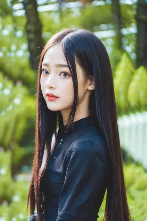 best quality, masterpiece, (photorealistic:1.4), Close up, 1 girl, upper body, Black Dress, Corset, long hair, <lora:Minji-01:1> cute, flowers around, forest background, sweet girl, IDOL, -- Face Details:1.7 --