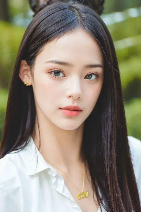 best quality, masterpiece, (photorealistic:1.4), ((Close up:1.5)), 1 girl, upper body, long hair, necklace, <lora:Minji-01:1> cute, flowers around, forest background, sweet girl, IDOL, -- Face Details:1.7 --