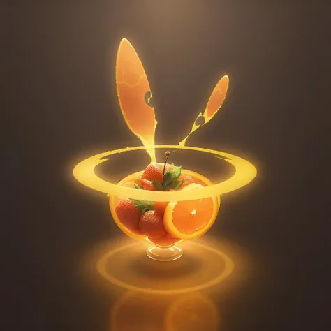 <lora:Rototech-20:0.8> ,rototech, hologram aura , no humans, simple background, orange bowl of fruits