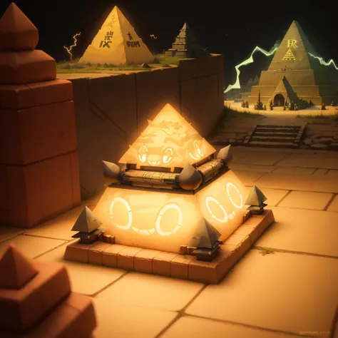 < <lora:Rototech-20:0.8>,rototech ,ghost aura , smile, orange metal, pyramid \(structure\),