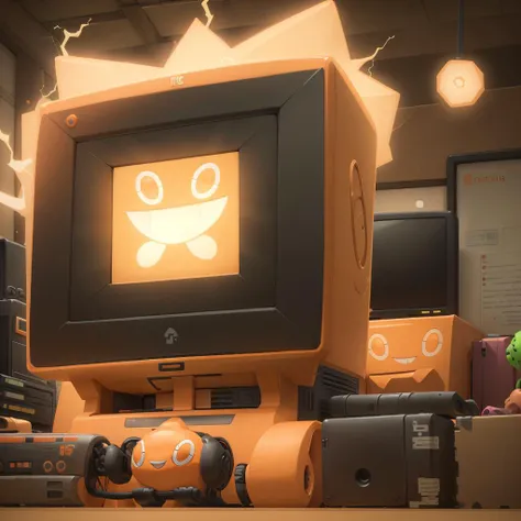 < <lora:Rototech-20:0.8>,rototech ,energy , smile, orange computer,