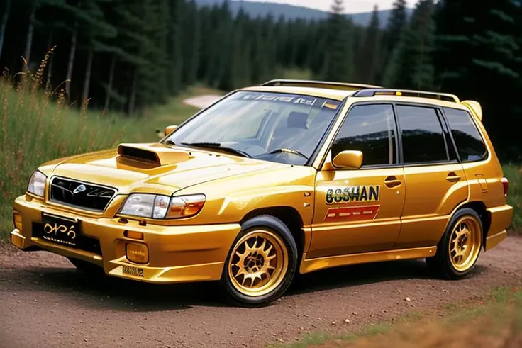 GOLDEN SUBARU RALLY FORESTERSF5, high quality photograph, bokeh, analog, depth of field, portra 800 film, (((NFS))), (((Need For Speed))), <lora:FORESTERSF5:0.6>