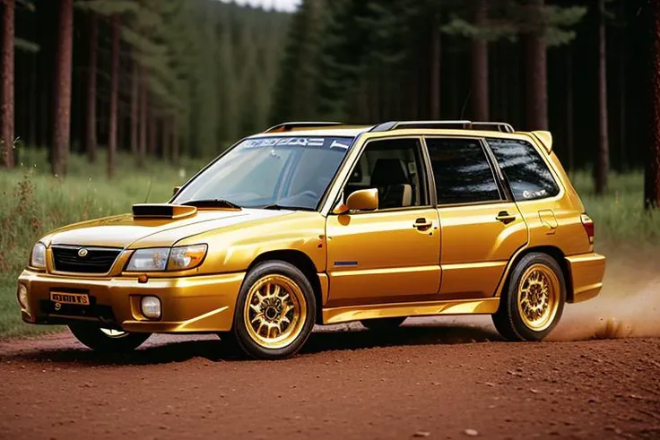GOLDEN SUBARU RALLY FORESTERSF5, high quality photograph, bokeh, analog, depth of field, portra 800 film, (((NFS))), (((Need For Speed))), <lora:FORESTERSF5:0.6>