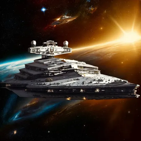 A single StarDestroyer silhouette by a supernova in deep space, super dark, intricate lighting, light shafts, (intricate details:1.12), hdr, (intricate details, hyperdetailed:1.15), (natural skin texture, hyperrealism, soft light, sharp:1.2), game art, key visual, surreal <lora:StarDestroyerLora-10:1>