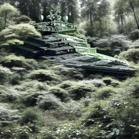 <lora:StarDestroyerLora-10:1> dense vegetation overgrown, dark forest