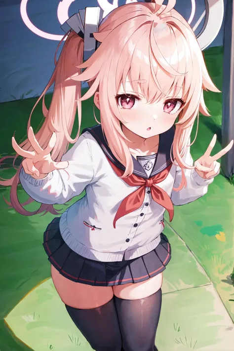 1girl, natsu,pink hair, halo, ahoge,side ponytail, long hair,ahoge,hair ornament,
long hair,long sleeves,sailor collar,school uniform,serafuku,skirt,thighhighs,black thighhighs,red neckerchief,
<lora:natsuV1:1>
(dynamic pose,:1.3),from above,