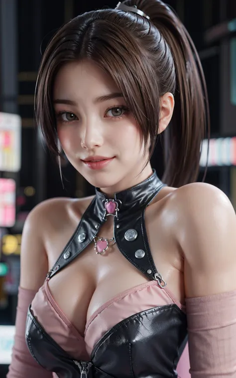 Best quality, masterpiece, ultra high res, raw photo, beautiful and aesthetic,deep shadow, dark theme,(photorealistic:1.4),
1girl, (20 years old:1.2), cute girl, smile, famous japanese idol, realistic body, petite, upper body, (kawaiitech,pastel color, kawaii, cute colors ,scifi, pink) , detailed, intricate