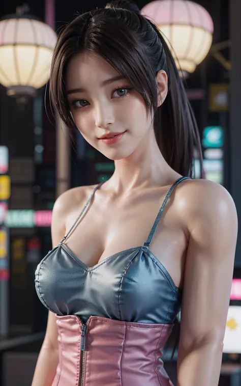 Best quality, masterpiece, ultra high res, raw photo, beautiful and aesthetic,deep shadow, dark theme,(photorealistic:1.4), 
1girl, (20 years old:1.2), cute girl, smile, famous japanese idol, realistic body, petite, upper body, (kawaiitech,pastel color, kawaii, cute colors ,scifi, pink) , detailed, intricate