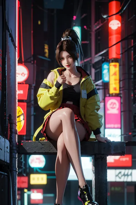 1girl, portrait, sitting, (pleated skirt, yellow green retro bomber jacket 80s), solo,cyberpunk, official art, unity 8k wallpaper, ultra detailed, beautiful and aesthetic, masterpiece,best quality, glowing skin, (floating colorful sparkles:1) the most beautiful form of chaos, elegant, a brutalist designed, vivid colours, romanticism, <lyco:[LoHa] Cyberpunk 2077 Anime Style (With multires noise version):0.6>
