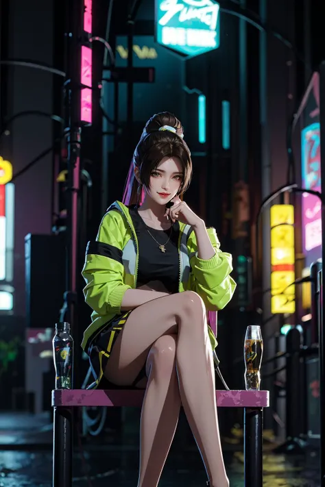 1girl, portrait, sitting, (pleated skirt, yellow green retro bomber jacket 80s), solo,cyberpunk, official art, unity 8k wallpaper, ultra detailed, beautiful and aesthetic, masterpiece,best quality, glowing skin, (floating colorful sparkles:1) the most beautiful form of chaos, elegant, a brutalist designed, vivid colours, romanticism, <lyco:[LoHa] Cyberpunk 2077 Anime Style (With multires noise version):0.6>