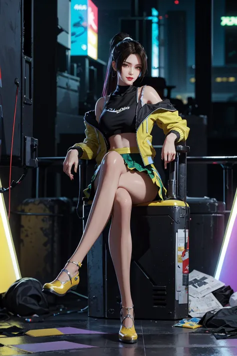 1girl, portrait, sitting, (pleated skirt, yellow green retro bomber jacket 80s), solo,cyberpunk, official art, unity 8k wallpaper, ultra detailed, beautiful and aesthetic, masterpiece,best quality, glowing skin, (floating colorful sparkles:1) the most beautiful form of chaos, elegant, a brutalist designed, vivid colours, romanticism, <lyco:[LoHa] Cyberpunk 2077 Anime Style (With multires noise version):0.6>